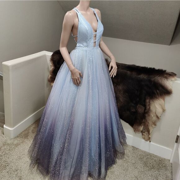 Stunning Blue Gradient V-Neck Sequined Ballgown - Picture 8 of 17